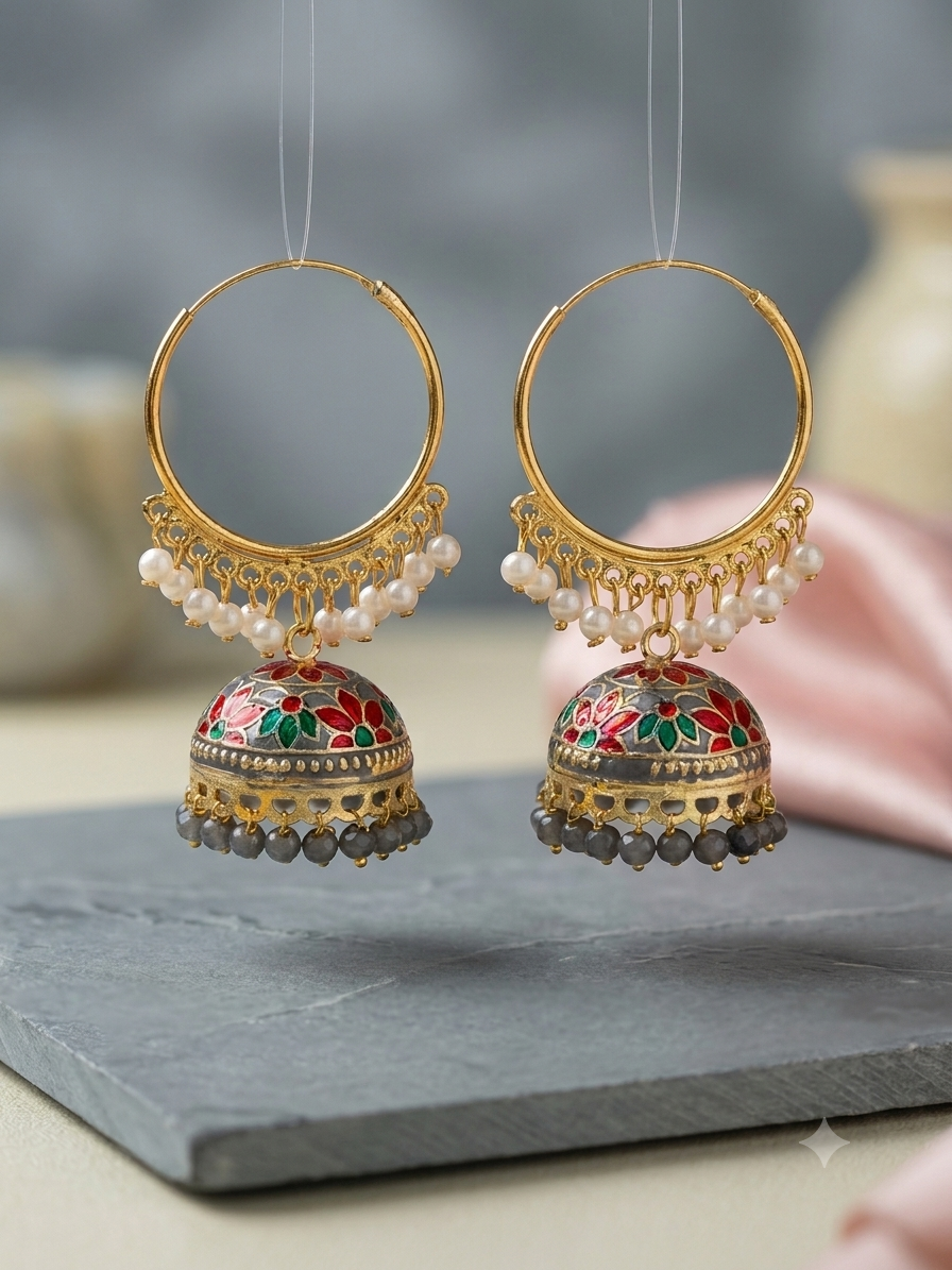 Traditional Multicolor Meenakari Jhumka Earrings with Pearl Detailing | Ethnic Festive Earrings