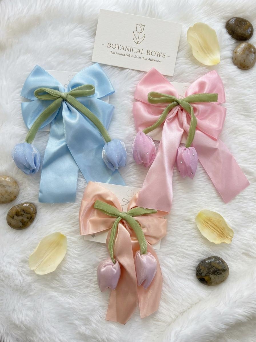 Satin Tulip Hair Bow Clips – Set of 3 Pastel Ribbon Barrette Clips for Women & Girls