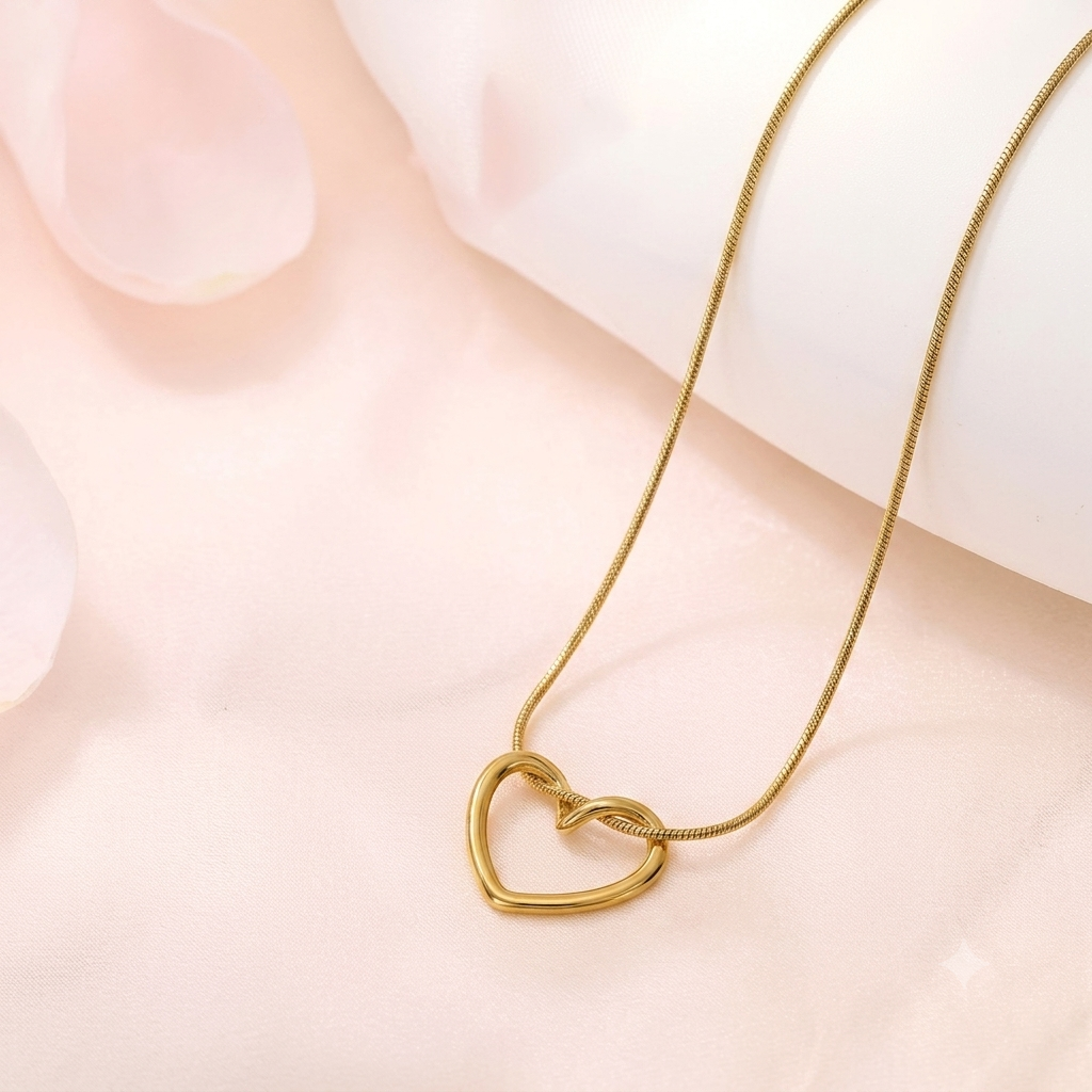 Gold Plated Hollow Heart Pendant Snake Chain Necklace | Tarnish-Free Stainless Steel Everyday Minimalist Jewelry