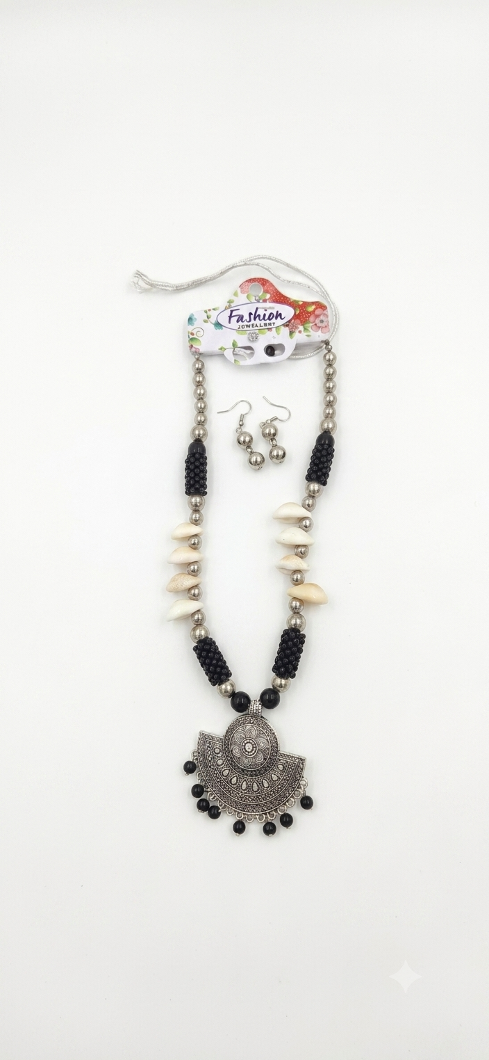 Navratri Special Boho Tribal Oxidised Pendant Necklace Set with Beads & Matching Earrings