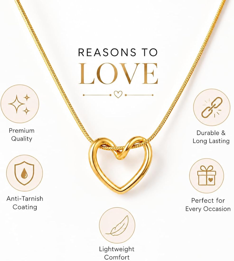 Gold Plated Hollow Heart Pendant Snake Chain Necklace | Tarnish-Free Stainless Steel Everyday Minimalist Jewelry