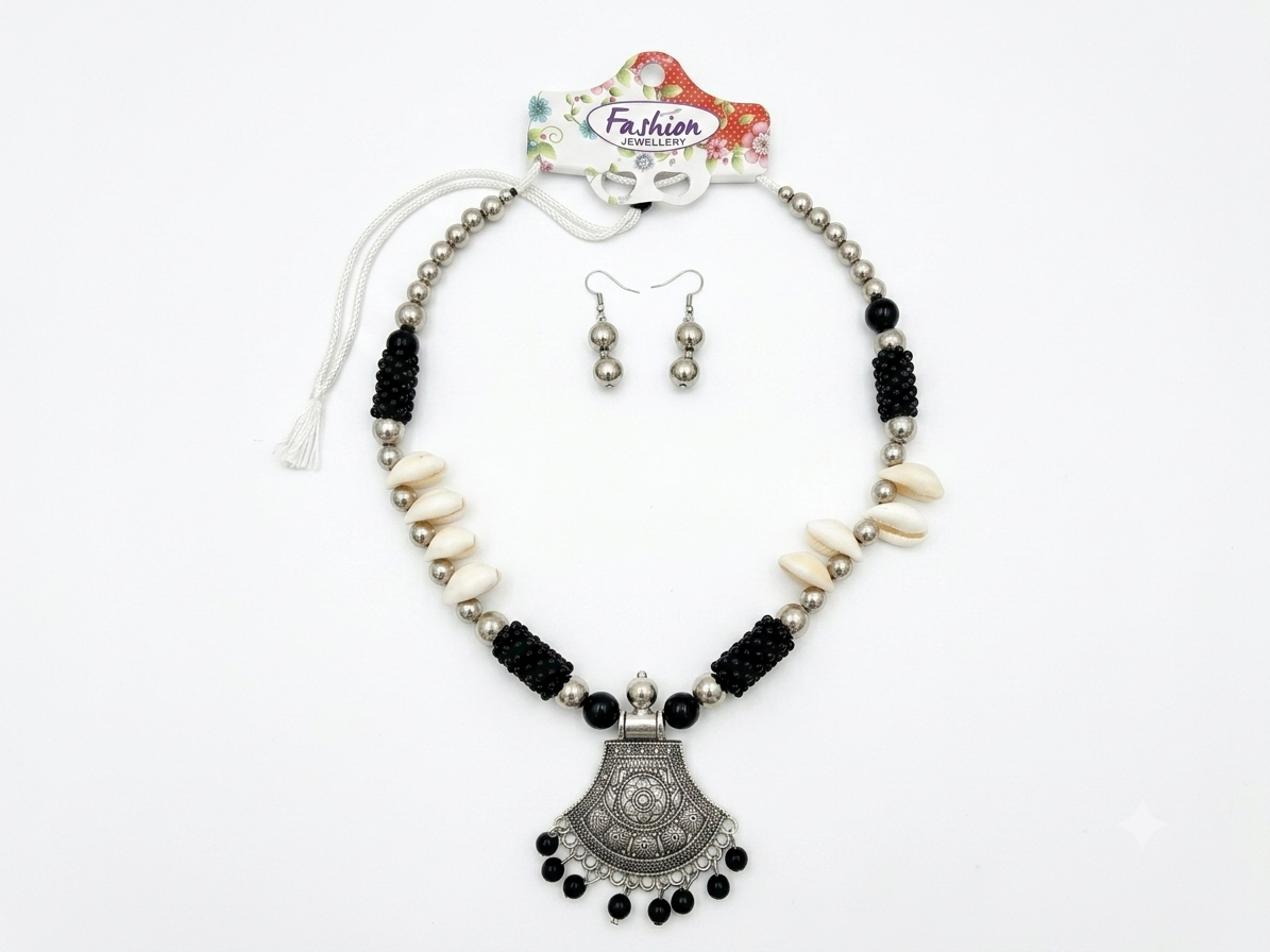 Navratri Special Boho Tribal Oxidised Pendant Necklace Set with Beads & Matching Earrings