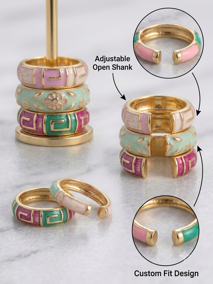 Trendy Gold-Plated Pastel Enamel Adjustable Rings for Women & Girls (Combo / Stackable Rings)