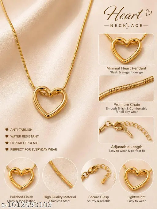 Gold Plated Hollow Heart Pendant Snake Chain Necklace | Tarnish-Free Stainless Steel Everyday Minimalist Jewelry