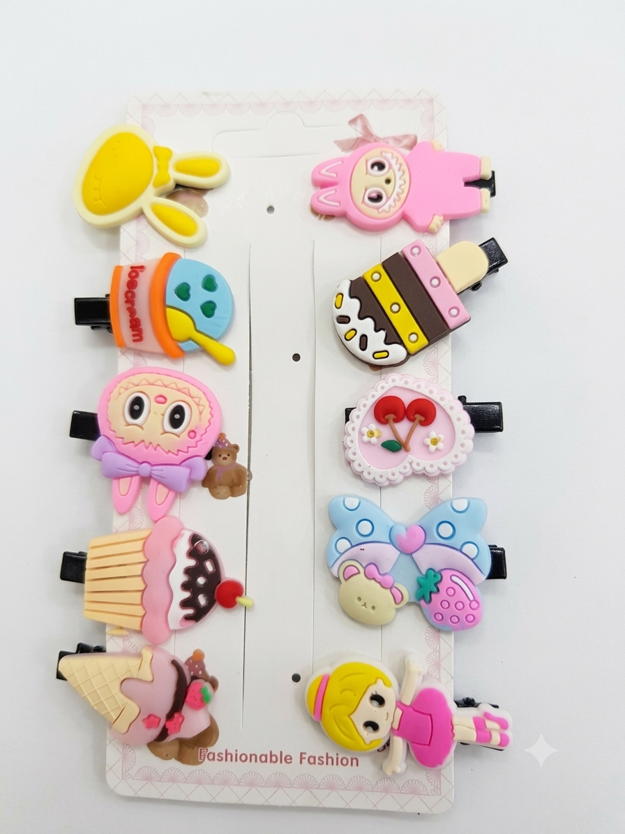 10-Piece Cute Cartoon Hair Clips Set for Kids & Girls – Colorful Silicone Alligator Hairpins (Ice Cream, Bow, Cupcake & Doll Designs)