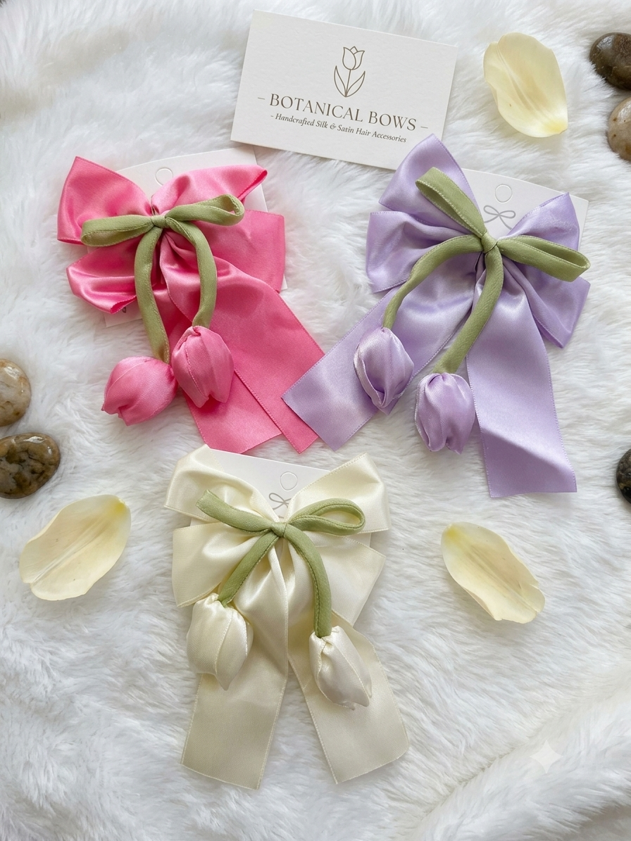 Satin Tulip Hair Bow Clips – Set of 3 Pastel Ribbon Barrette Clips for Women & Girls
